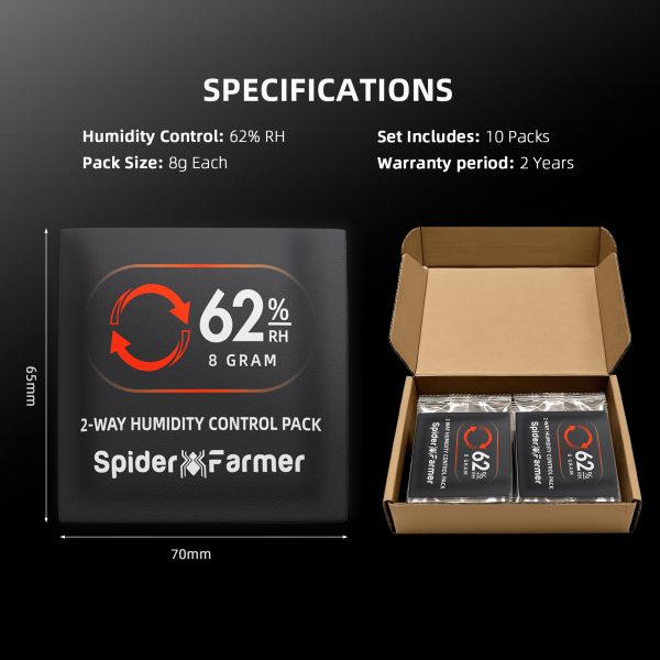 Pack de 10 sachets de contrôle d'humidité bidirectionnels 62% HR 8g Spider Farmer - Équilibre d'humidité pour les herbes