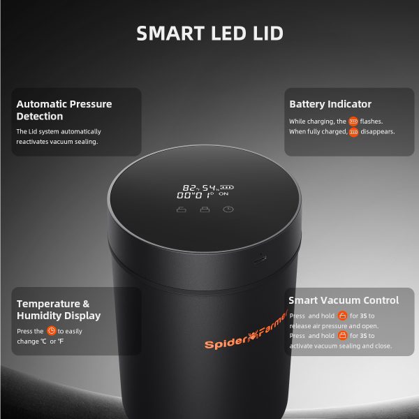 Auto-Cure Smart Jar de 2L Spider Farmer® | Pot de conservation sous vide avec couvercle intelligent pour conservation et affinage | Lot de 4 sachets bidirectionnels à 62% d'humidité