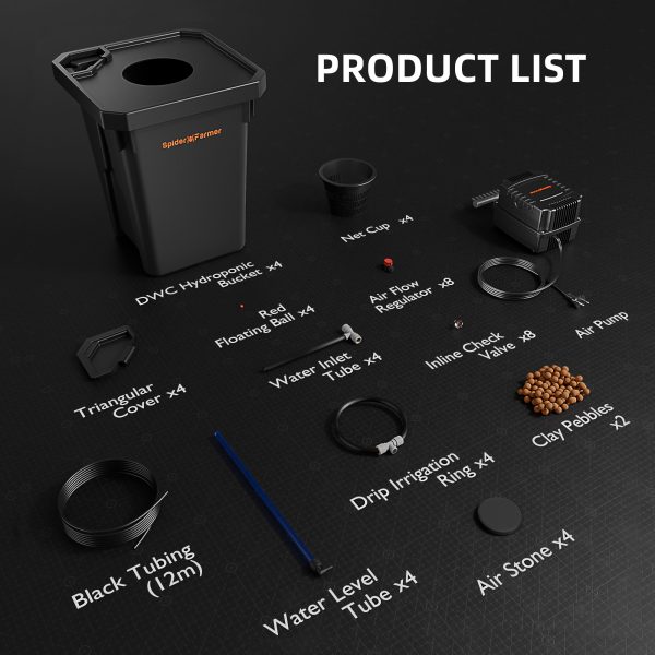 Système hydroponique DWC 4 sceaux de 7 gallons (≃ 26L) Spider Farmer avec kit goutte à goutte supérieur pour Culture en eau profonde