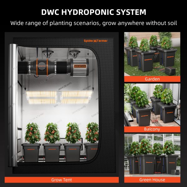 Système hydroponique DWC 4 sceaux de 7 gallons (≃ 26L) Spider Farmer avec kit goutte à goutte supérieur pour Culture en eau profonde