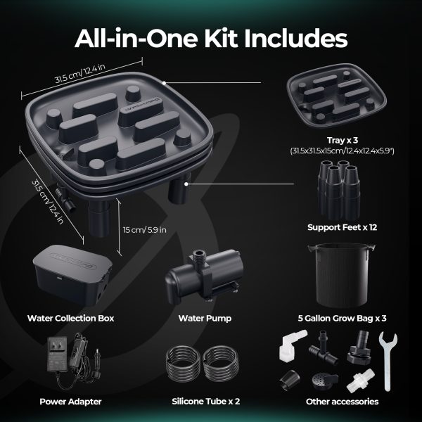 Pack de 3 Plateaux de drainage - Auto-Drainage System - Pompe à eau - Sacs de culture - Pour tentes de culture, jardin, 3 plantes - Mars Hydro