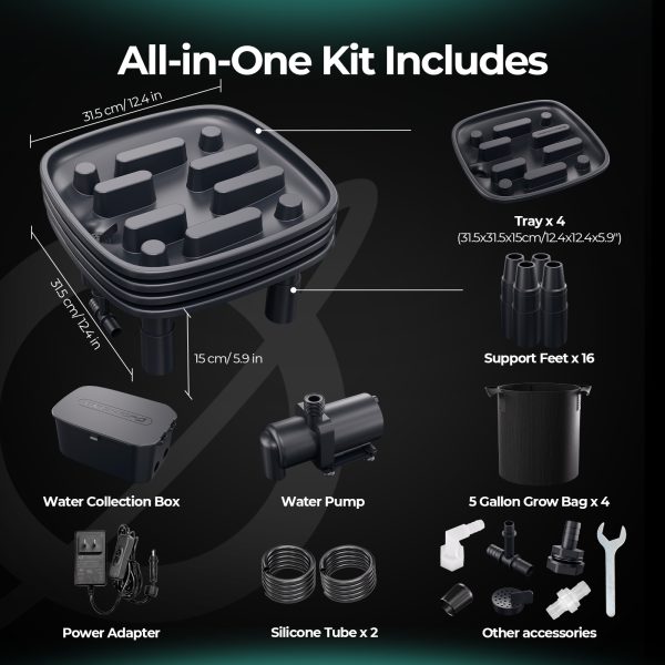 Pack de 4 Plateaux de drainage - Auto-Drainage System - Pompe à eau - Sacs de culture - Pour tentes de culture, jardin, 4 plantes - Mars Hydro