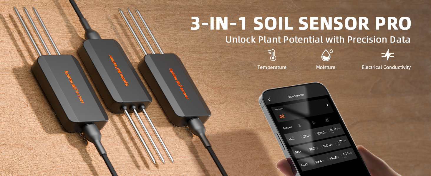 GGS Smart 3-en-1 Soil Sensor Pro Spider Farmer - Contrôle précis de l'irrigation goutte à goutte