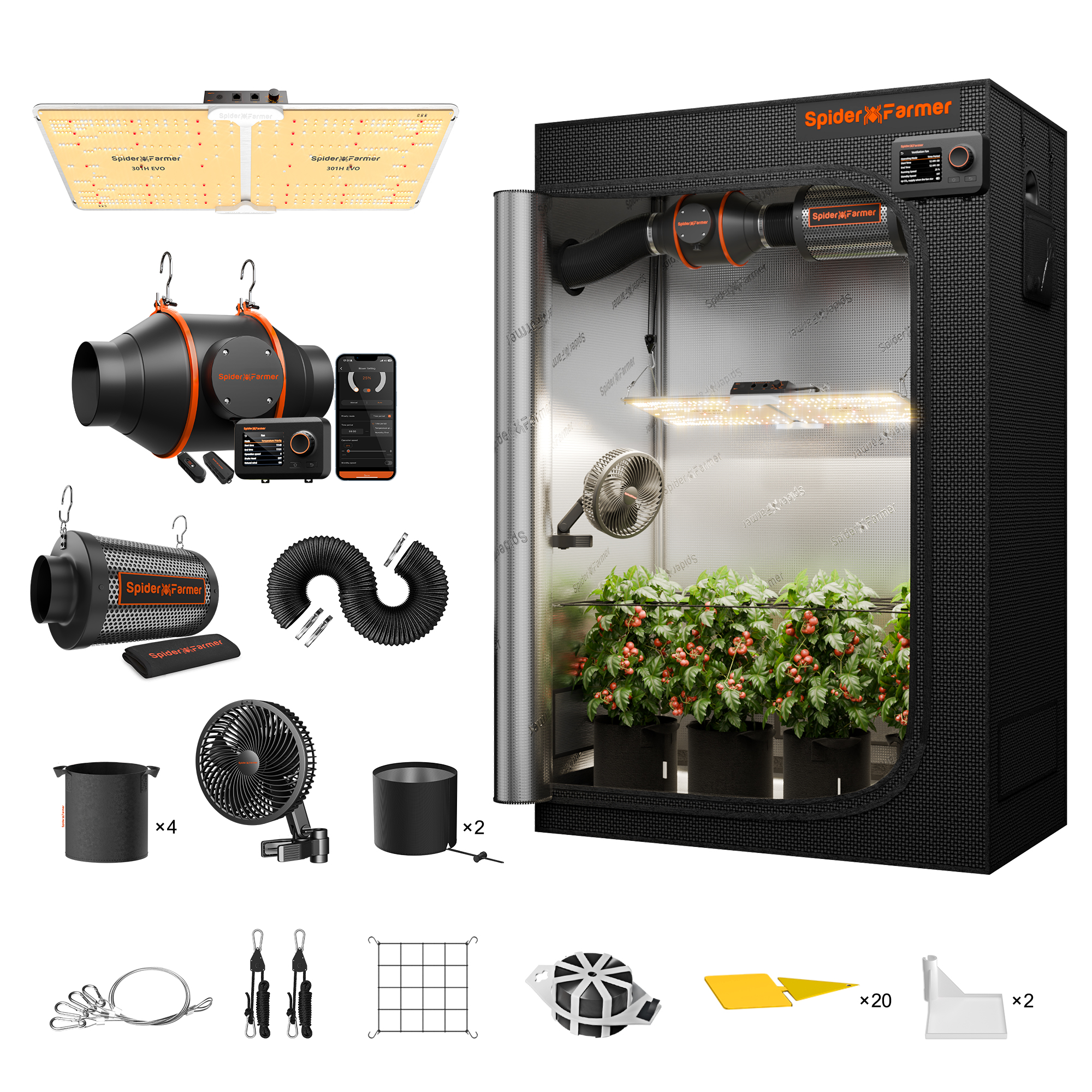 Spider Farmer SF2000 200W Complete Kit - Grow Tent 120x60x180cm - Samsung 301H EVO Full Spectrum LED - ∅15cm fan - ∅100mm ventilation kit GGS Controller SERIES