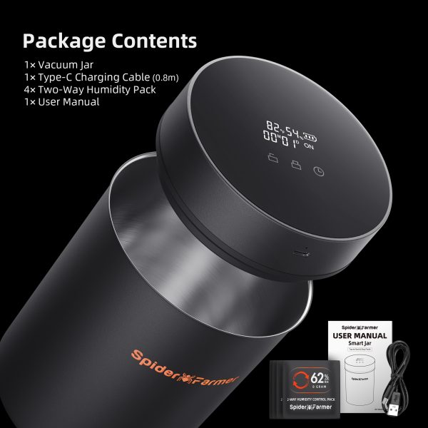 Auto-Cure Smart Jar de 2L Spider Farmer® | Pot de conservation sous vide avec couvercle intelligent pour conservation et affinage | Lot de 4 sachets bidirectionnels à 62% d'humidité