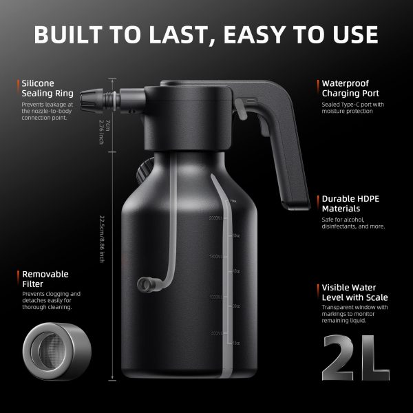 Pulvérisateur électrique 2L Spider Farmer® - Rechargement rapide (type C), vaporisateur automatique One-Touch avec tasse à mesurer pour l'arrosage intérieur et extérieur du jardin