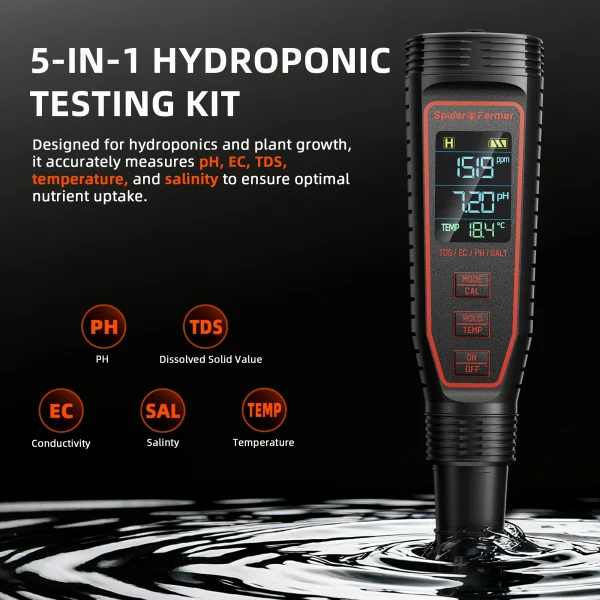 Kit de mesure hydroponique du PH 5-en-1 Spider Farmer® - PH, EC, TDS, température et salinité